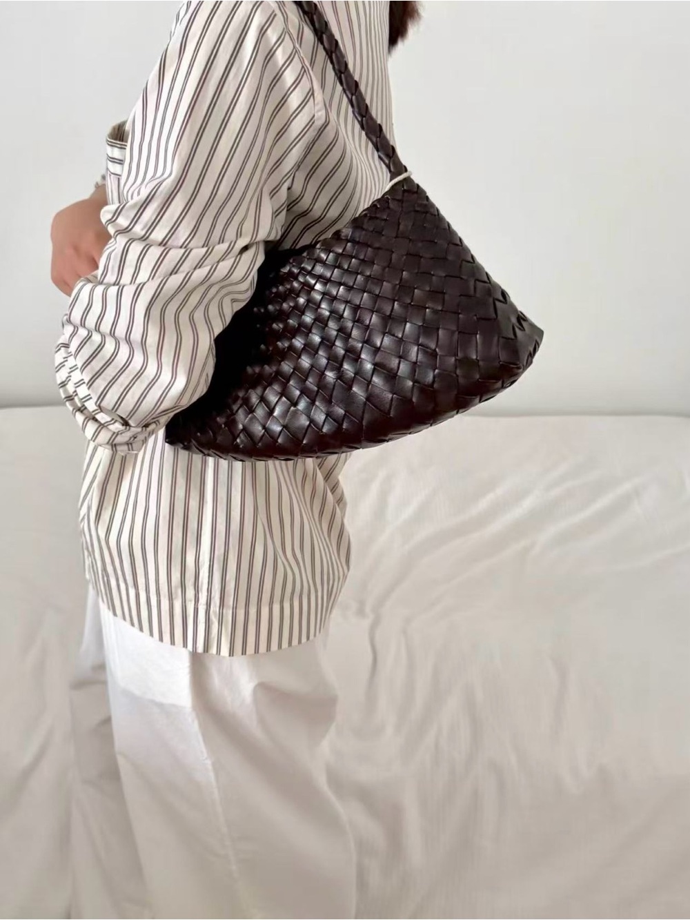 Dragon Diffusion Woven Shoulder Bag in Dark Brown Leather